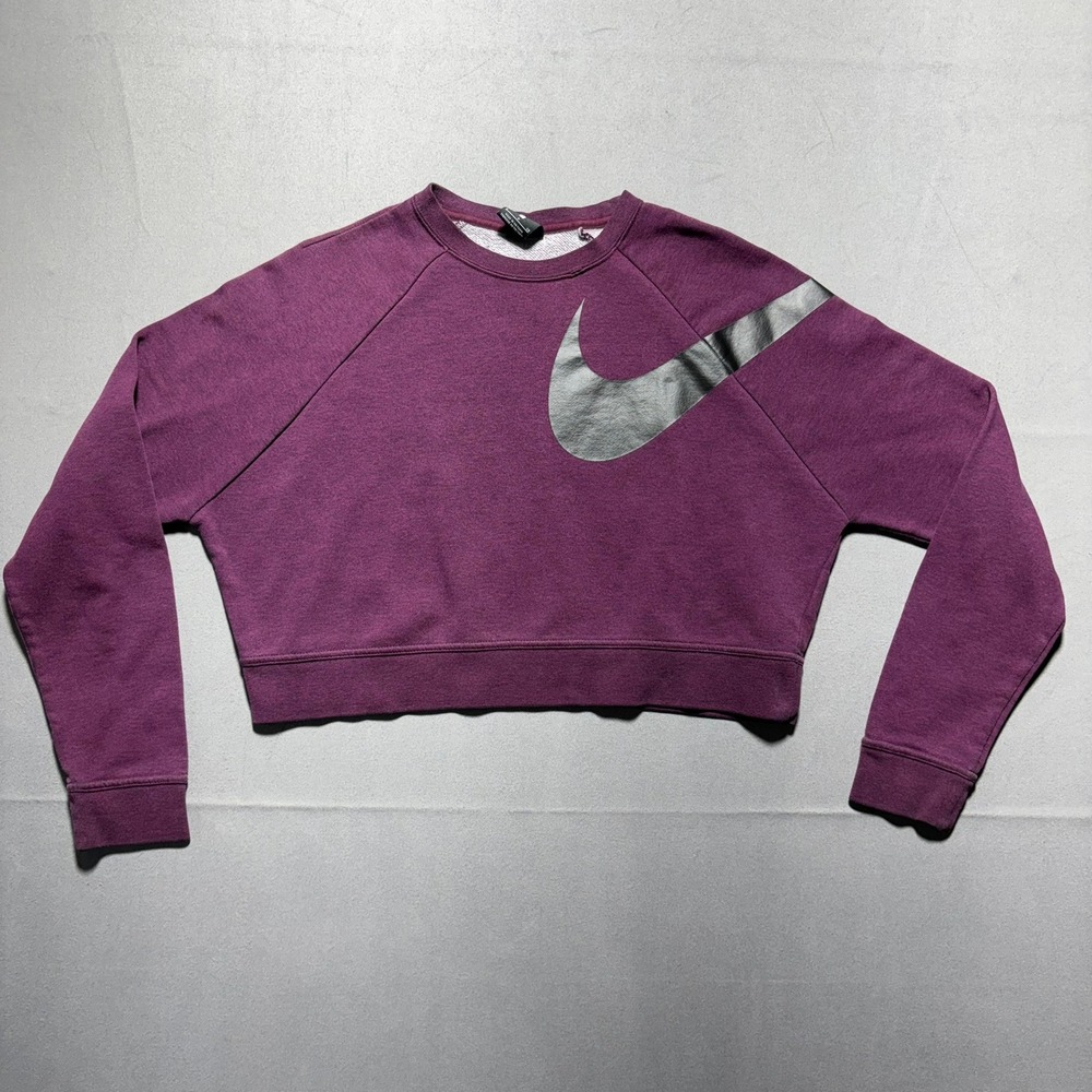 Nike Cropped Sweatshirt Womens Plum Purple Silver Swoosh Pullover Fleece Raglan